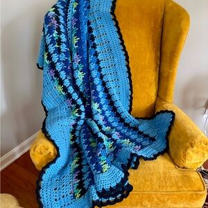 Handmade Blue Multicolor Crochet Afghan Blanket Scalloped Rectangle Multicolor